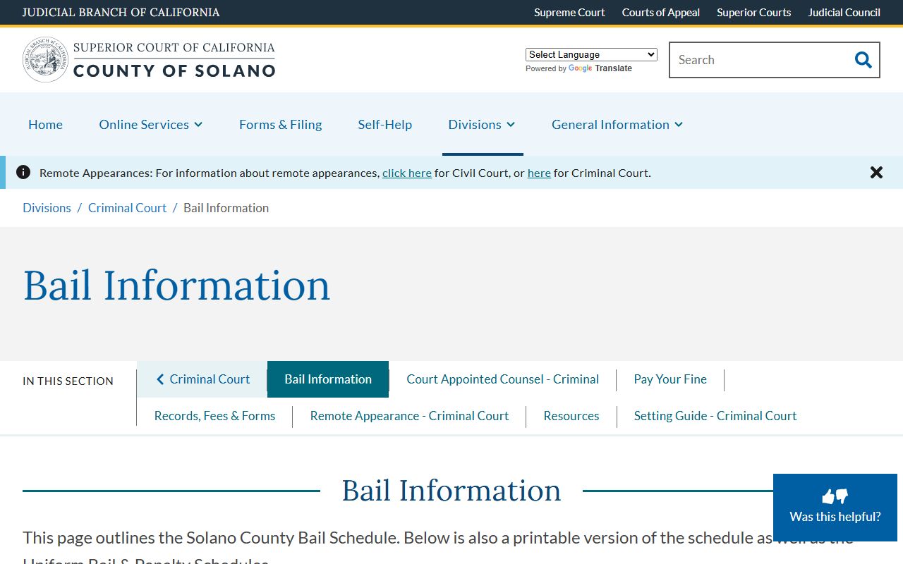 Solano County Superior Court Bail Information page with Penal Code 1269b and 1275 references