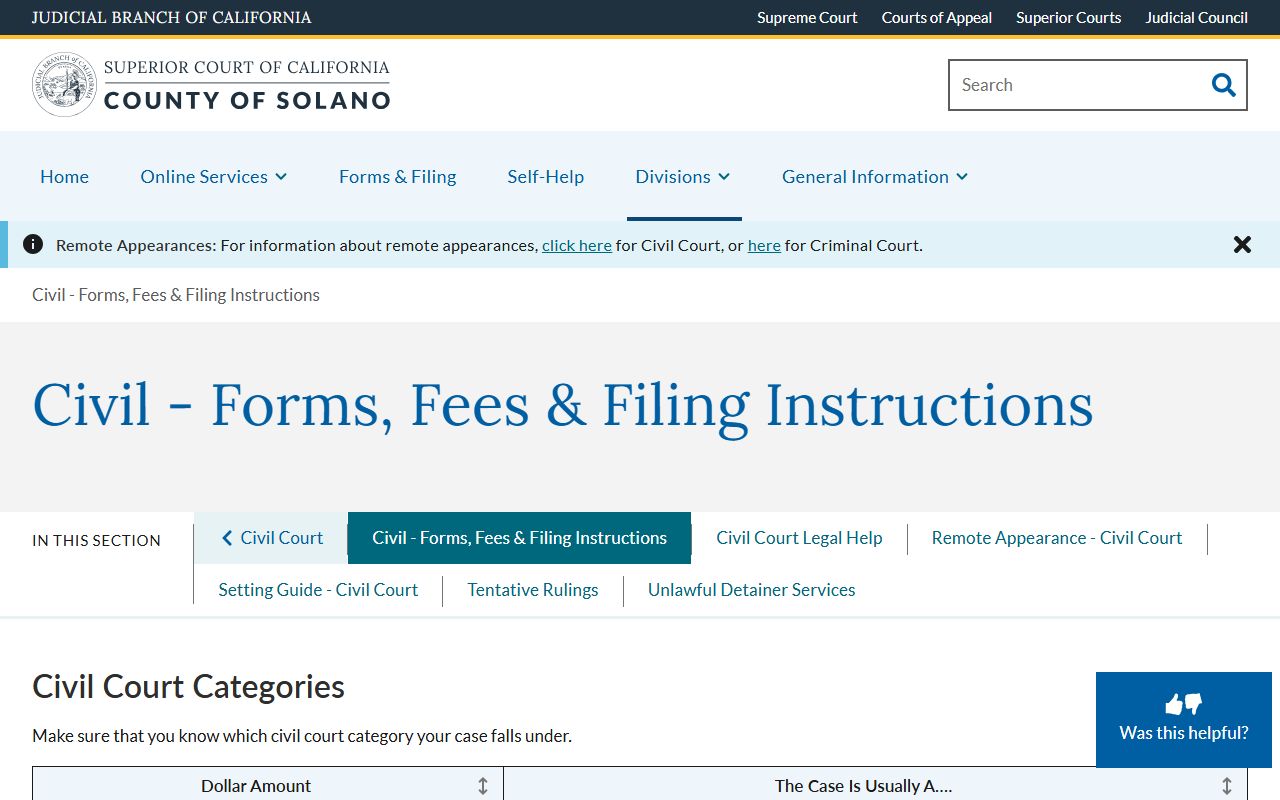 Solano County civil forms fees filing instructions page