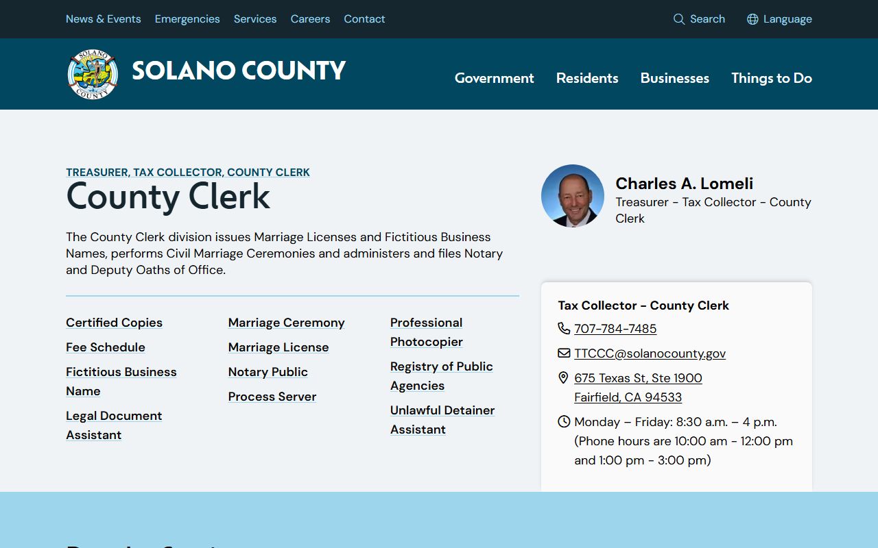 Solano County Clerk page with marriage license, FBN, notary, and ceremony links