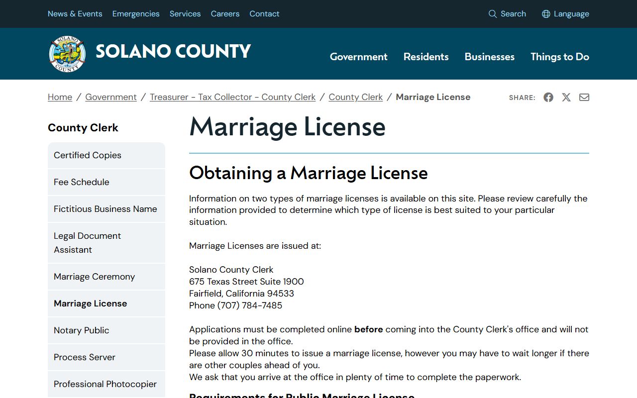Solano County Clerk marriage license requirements page