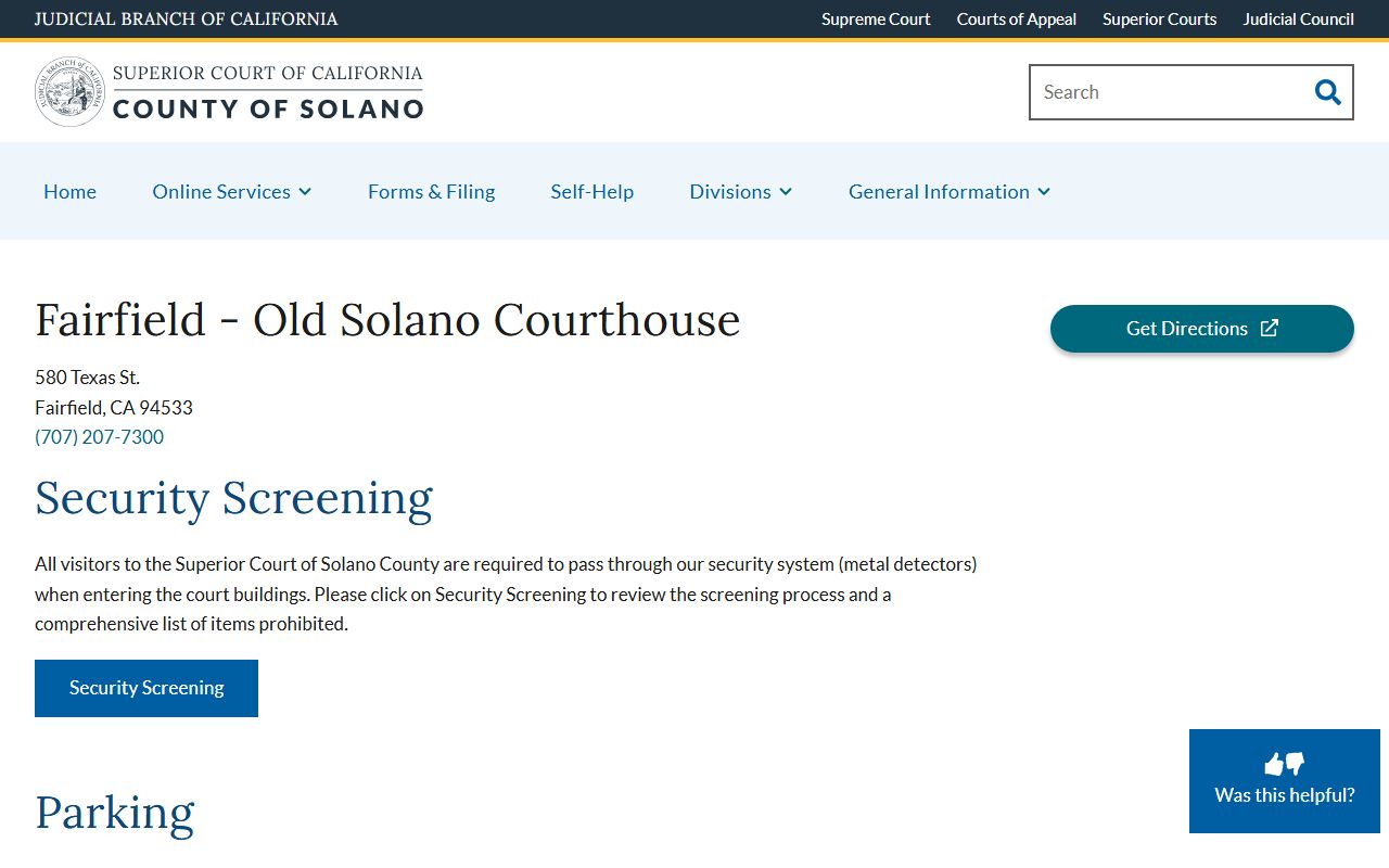 Solano Superior Court locations page showing Fairfield and Vallejo facilities