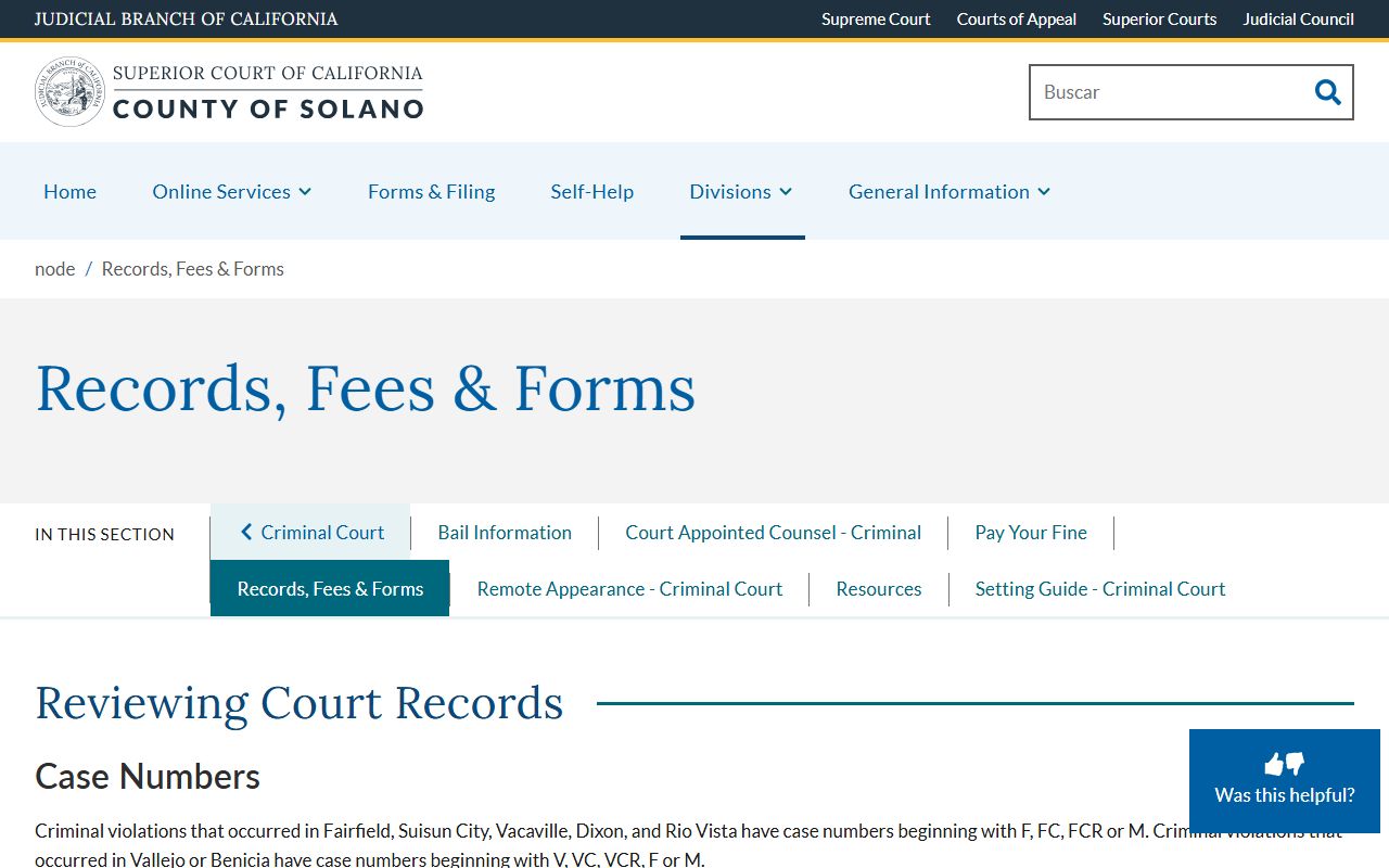 Solano County criminal records fees and forms page