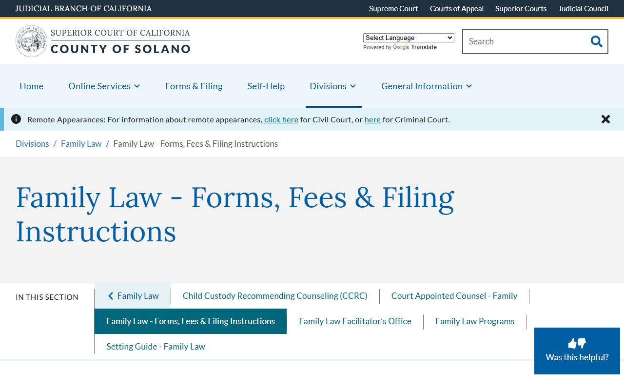 Solano County Family Law forms fees and filing instructions page