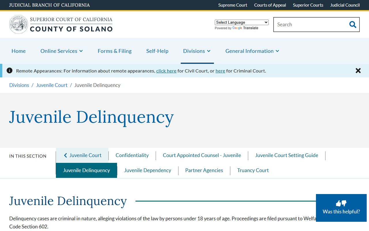 Solano Superior Court juvenile delinquency page