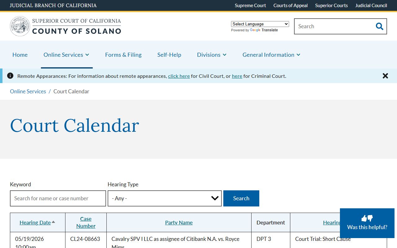 Solano Superior Court official court calendar search