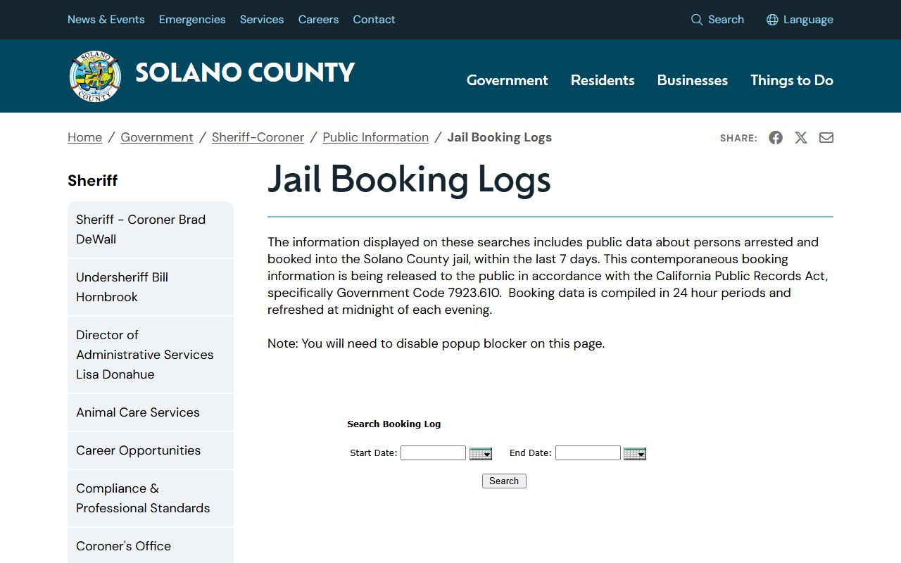 Solano County Sheriff jail booking logs page