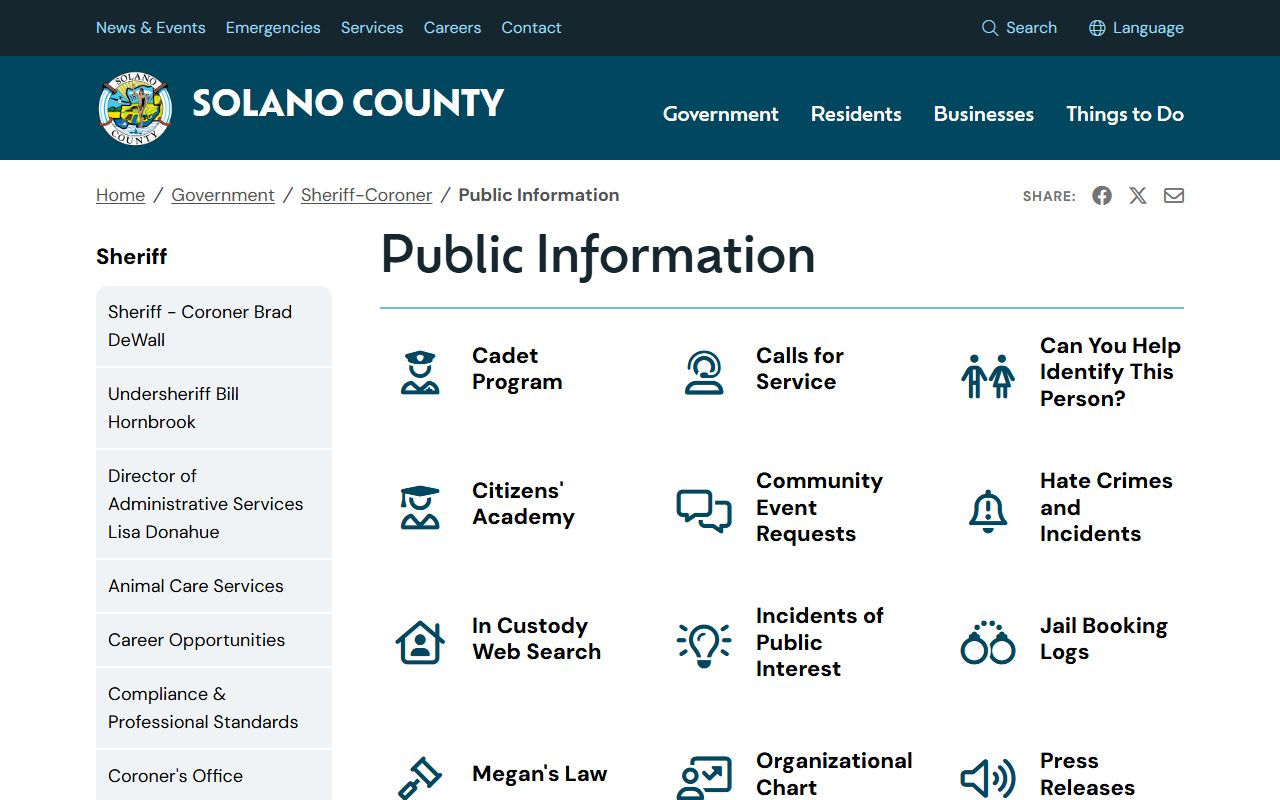 Solano County Sheriff public information page with custody and booking links