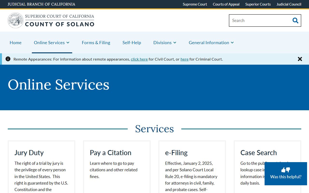 Solano Superior Court online services landing page