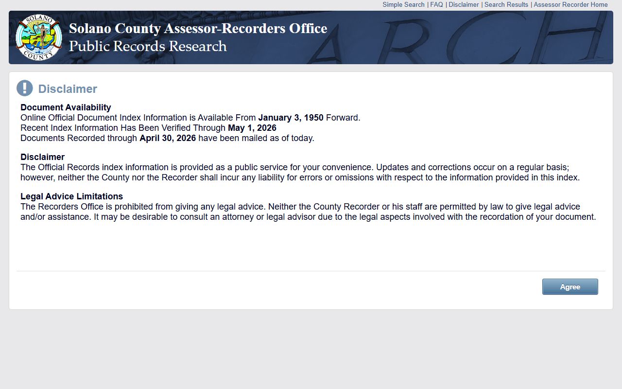 Solano County Recorder official records search FAQ