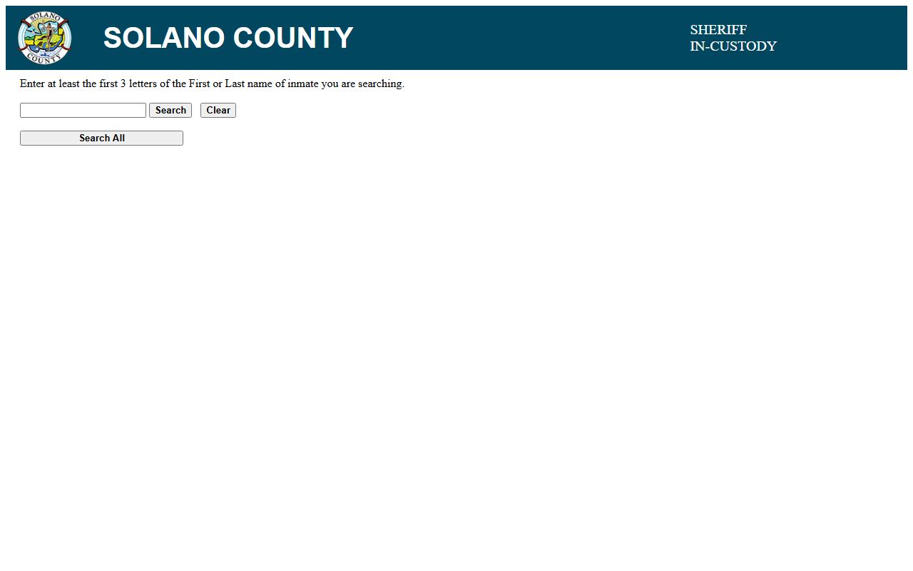Solano County Sheriff in-custody search interface