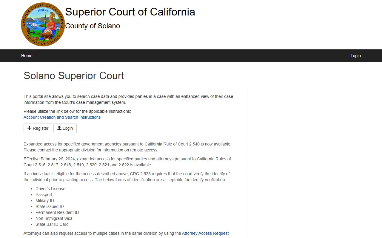 Solano Superior Court public portal home page with case search and account registration