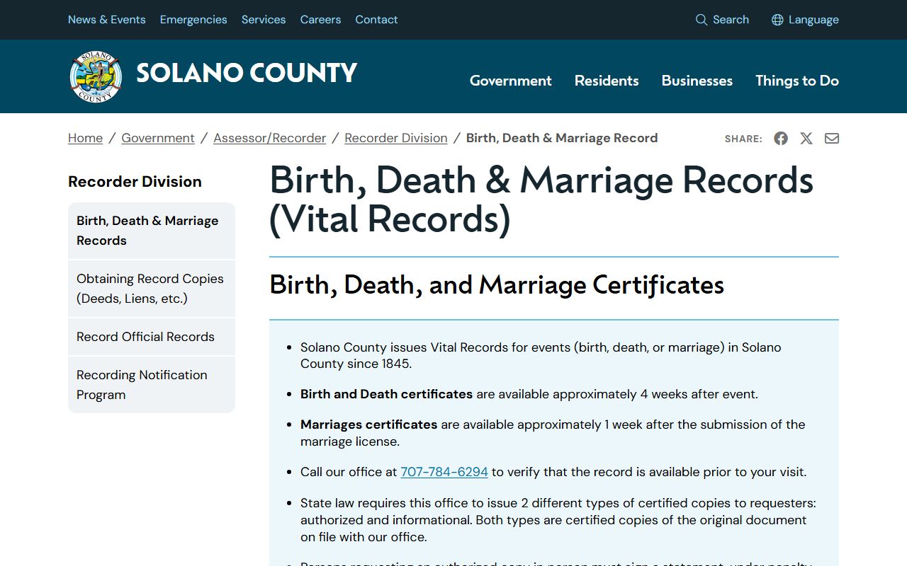 Solano County Vital Records page