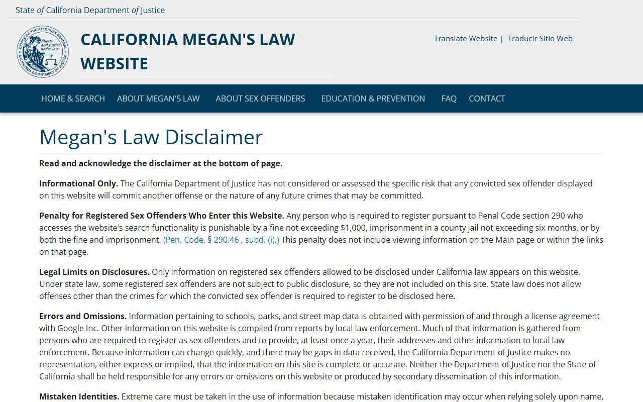 California Megan's Law sex offender registry page