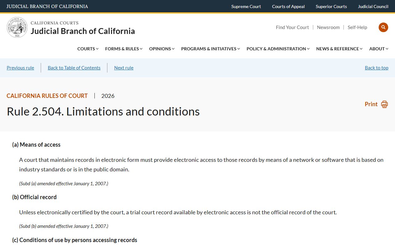 California Rule of Court 2.504 page on courts.ca.gov