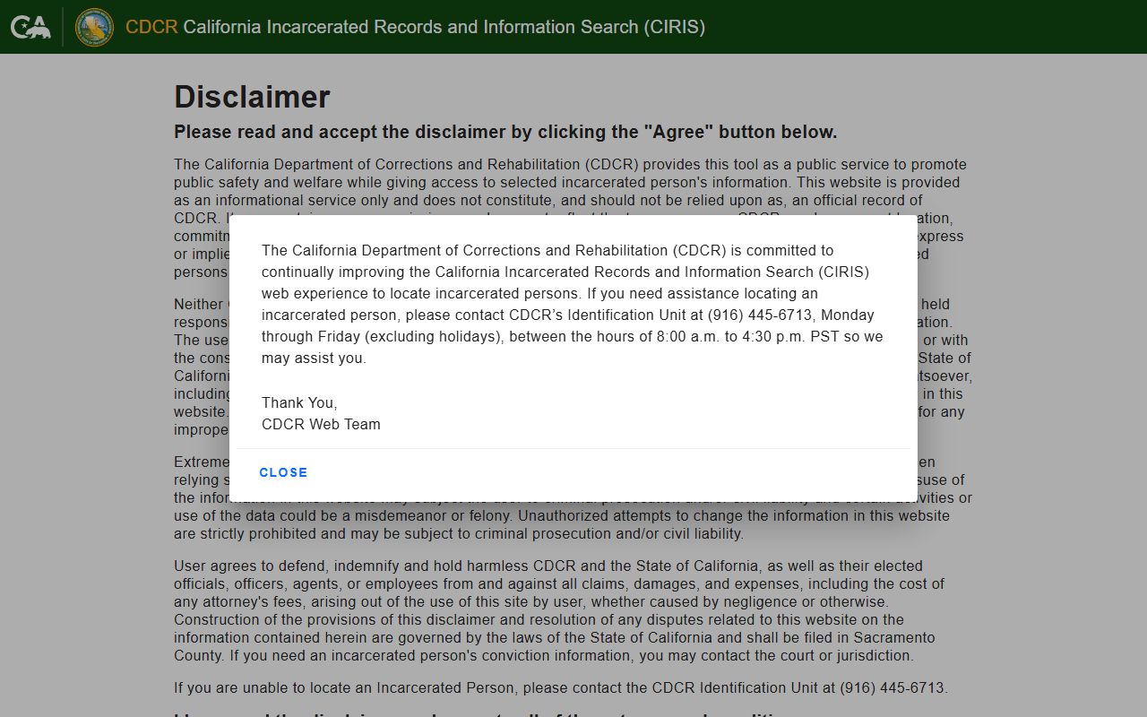 CDCR California Incarcerated Records and Information Search page